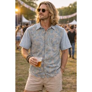 Vintage County Seat Jeanswear Men's Retro Button Up‎ Shirt Blue Tropical Size L